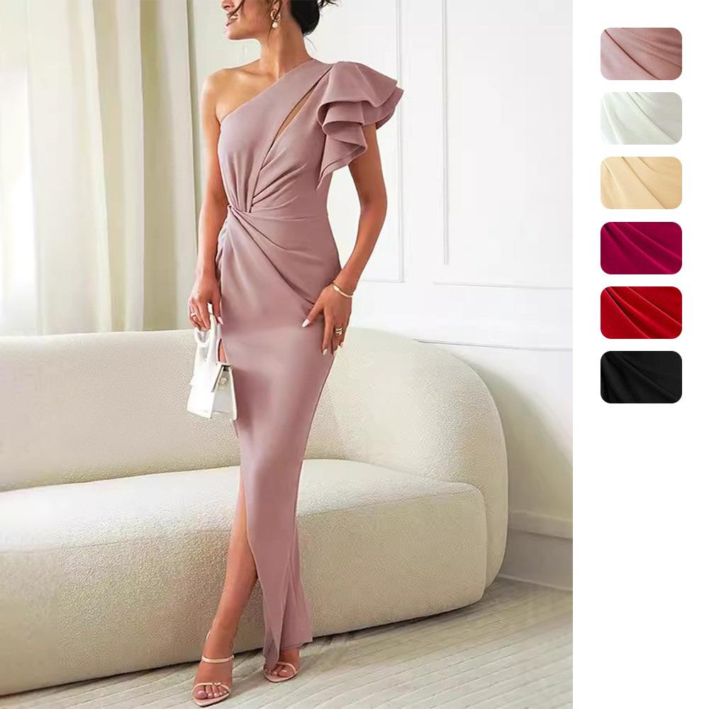 Amazon Independent Station Cross-border European and American Women's Oblique Shoulder Hollow Lotus Sleeve Solid Color Split Dress dress 8082