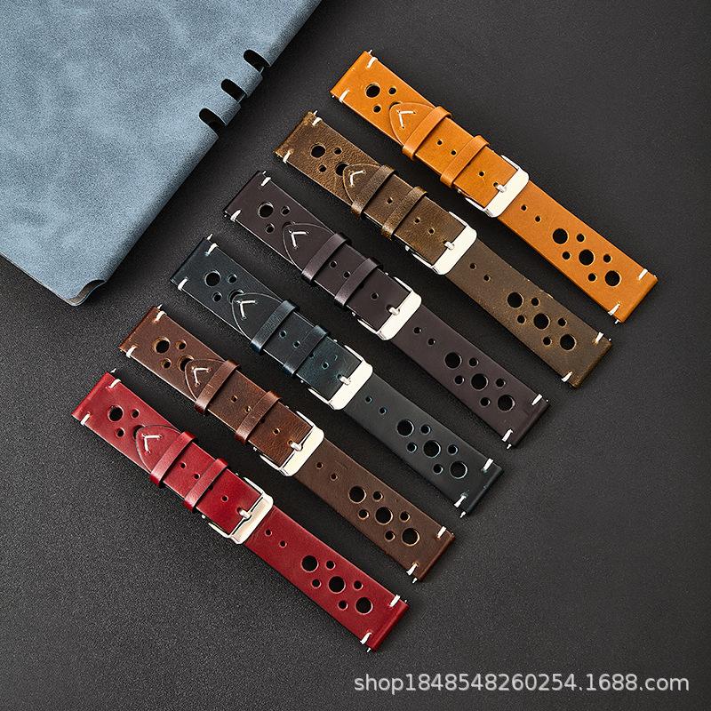 Vintage top-layer oil wax leather watch strap suitable for 19MM and 21MM, perforated, breathable, soft, quick-release strap, cross-border wholesale
