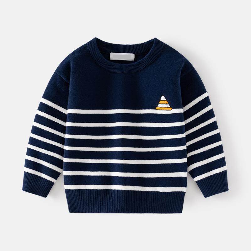 Cross-Border Kidsren's Clothing Boys Pinstripes Round Neck Sweater 25 Autumn Kidsren's Single Layer Cotton Top Baby Bottoming Sweater