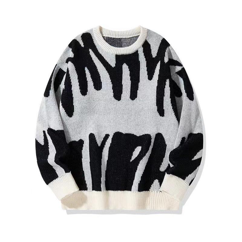 Men's Autumn and Winter New Fashionable Distinctive Round Neck Jacquard Sweater Teenager Black and White Jacquard plus size Sweater Sweater