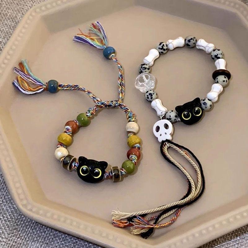 Skull Cat Ceramic Woven Rope Bracelet Female Niche Design Sweet Cool Chinese Style Tassel Color Bracelet