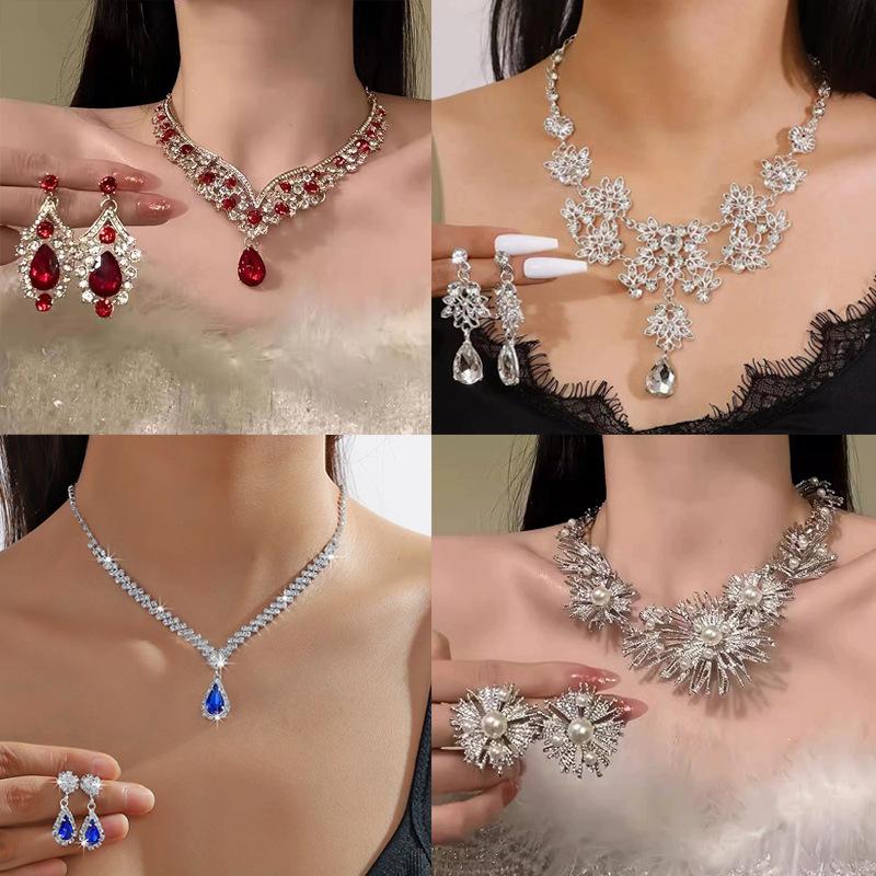 Cross-border New Red Water Drop Earrings Necklace suit Light Luxury High-end Feeling Banquet Wedding Bridal Jewelry