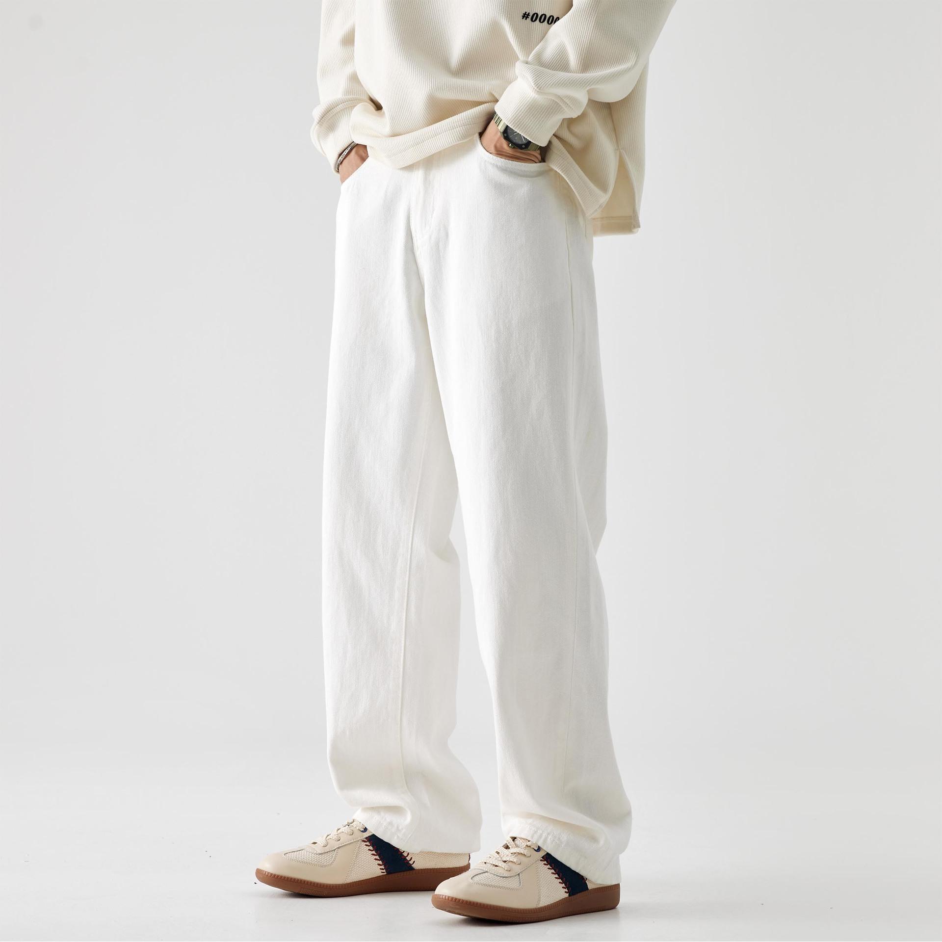 American-style High Street White Cotton Jeans Men's Loose Straight Tube Draped Autumn Fashion Brand Vibe Wide-leg Long Pants