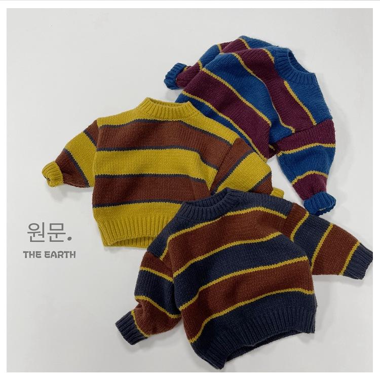 South Korea children's clothing children's autumn and winter coarse sweater pullover men's and women's baby Japanese and Korean style retro striped sweater tide