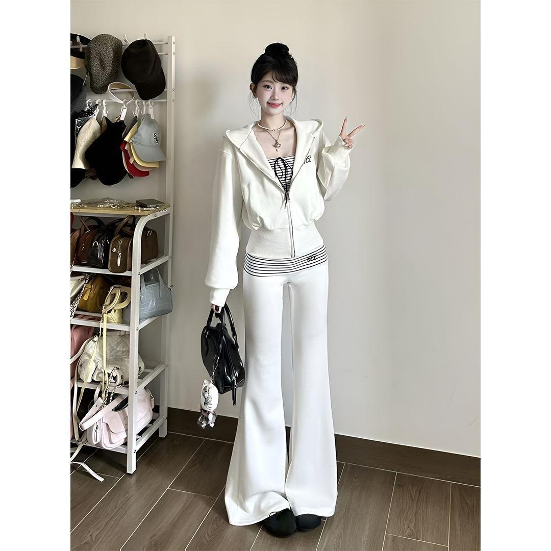 In-Stock Early Autumn Pure Desire Style Spicy Girl Three-Piece Set: Hooded Sweatshirt, Slim-Fit Striped Tube Top, High-Waisted Flared Pants Women's Clothing