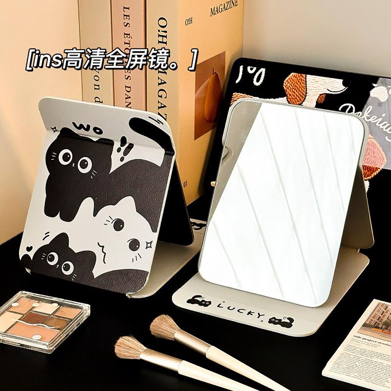 Cartoon Pu Leather Folding Makeup Mirror, Desktop Dormitory Tabletop Standable Vanity Mirror, Cute and Fun Small Makeup Mirror for Girls