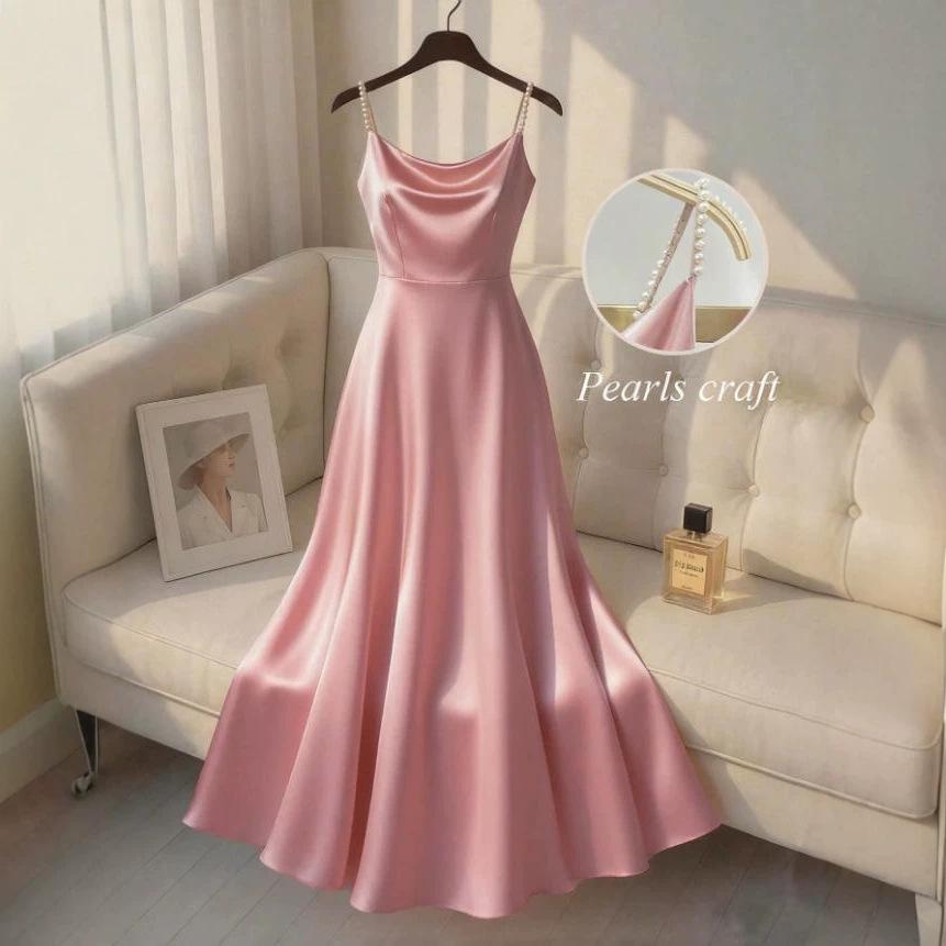 2026 European and American cross-border Amazon solid color elegant dress with straps, hand-beaded, waist-cinching, satin gilded dress