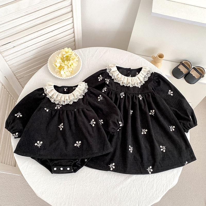 Girls' dress, new autumn Korean style baby romper, embroidered corduroy long-sleeve dress for girls