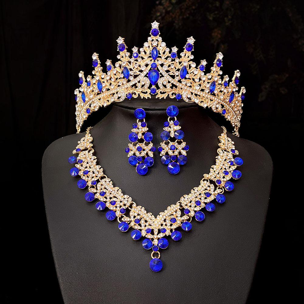 European and American Bride Jewelry Three-piece Suit High-class Dance Wedding Jewelry Alloy Diamond Crown Necklace Earrings suit