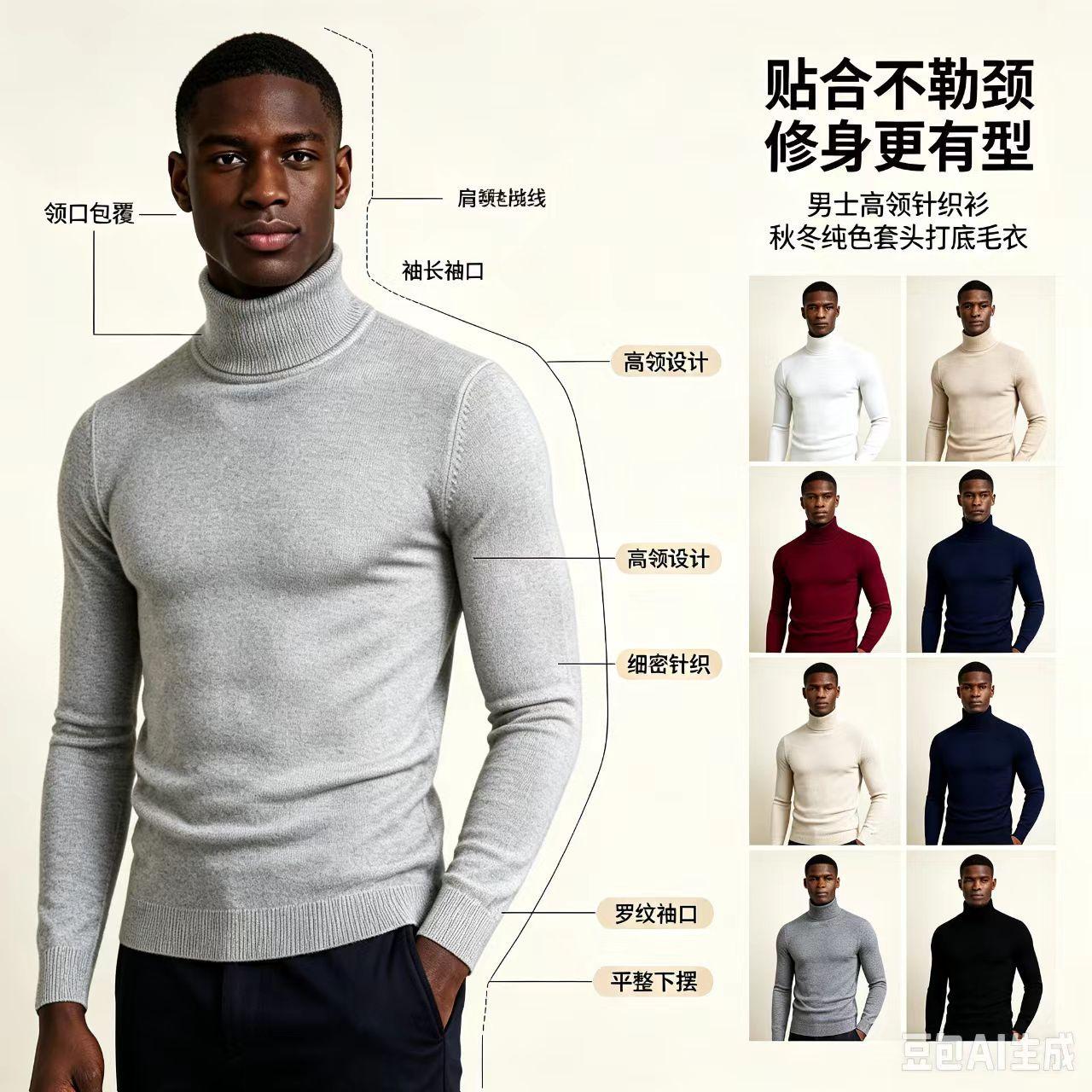 Men's Turtleneck Sweater Autumn and Winter Slim Fit Knit Base Layer Solid Color Stretchy Inner Wear Wholesale in Stock Supports Mixed Batch Sales