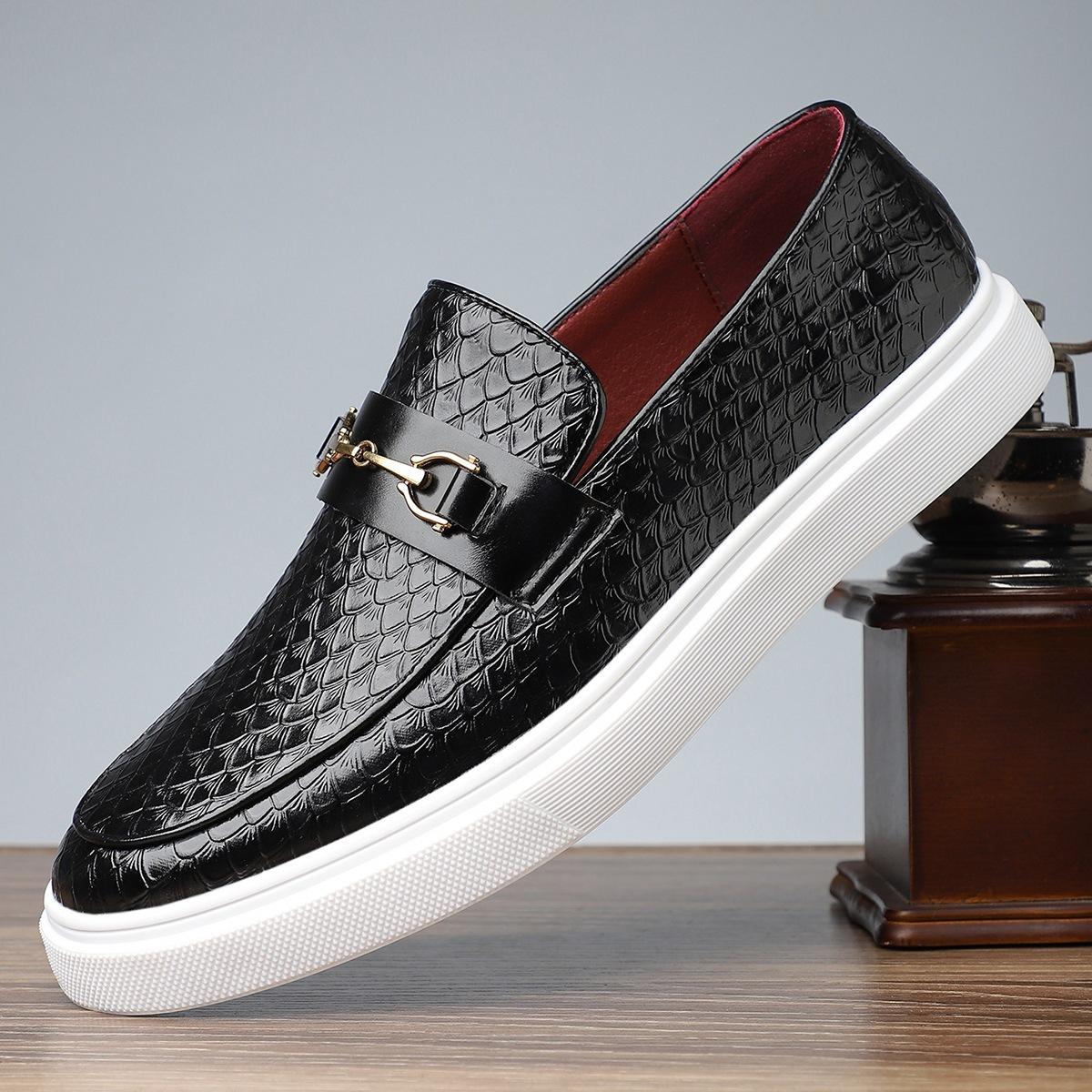 European men's sneakers, fashionable British business style, large size buckle loafers, versatile casual snakeskin pattern men's leather shoes