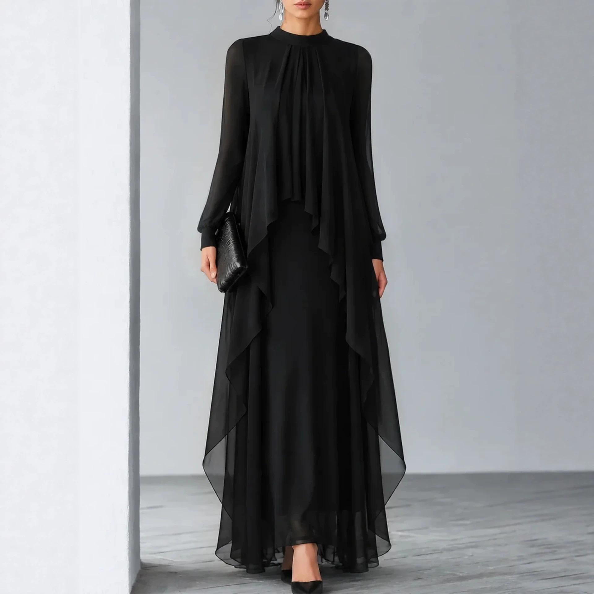 High-End Feel Stand-Collar Pleated Chiffon Long Dress, Long-Sleeve Sheer Ruffle Fake Two-Piece Gown, Export