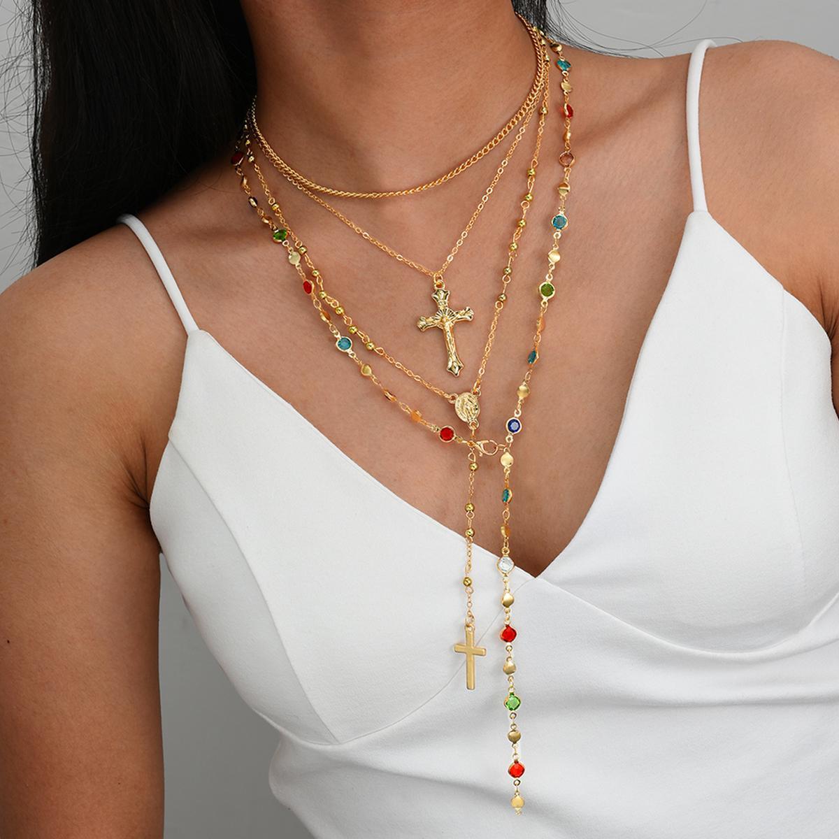 European and American Cross-Border Hot-Selling Fashion Creative Diamond Cross Pendant Necklace Women's High-End Tassel Chain Stacked Clavicle Chain