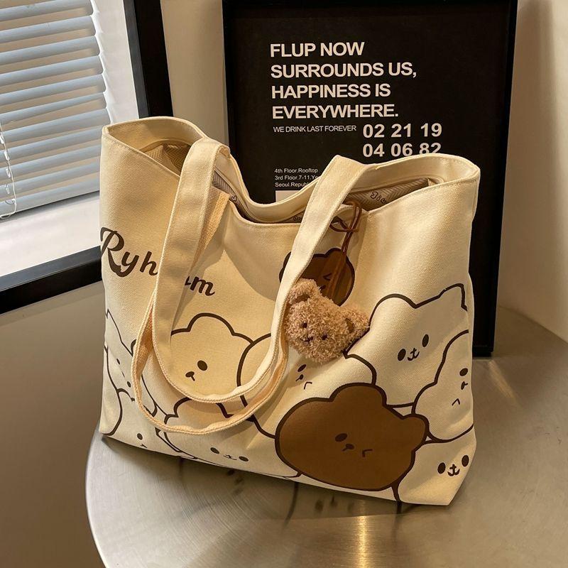 Casual Large Capacity Bag Women's Summer New Cartoon Bear Canvas Bag College Students' Class Commuting Shoulder Tote Bag
