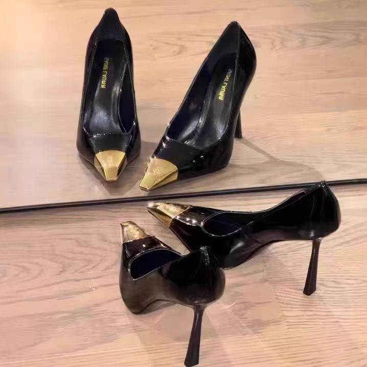 Yang Shulin's Same Style Elegant High-Heeled Shoes for Women, Gold Metal Toe with Letter Design, Fashionable Square-Toe Stiletto Pumps