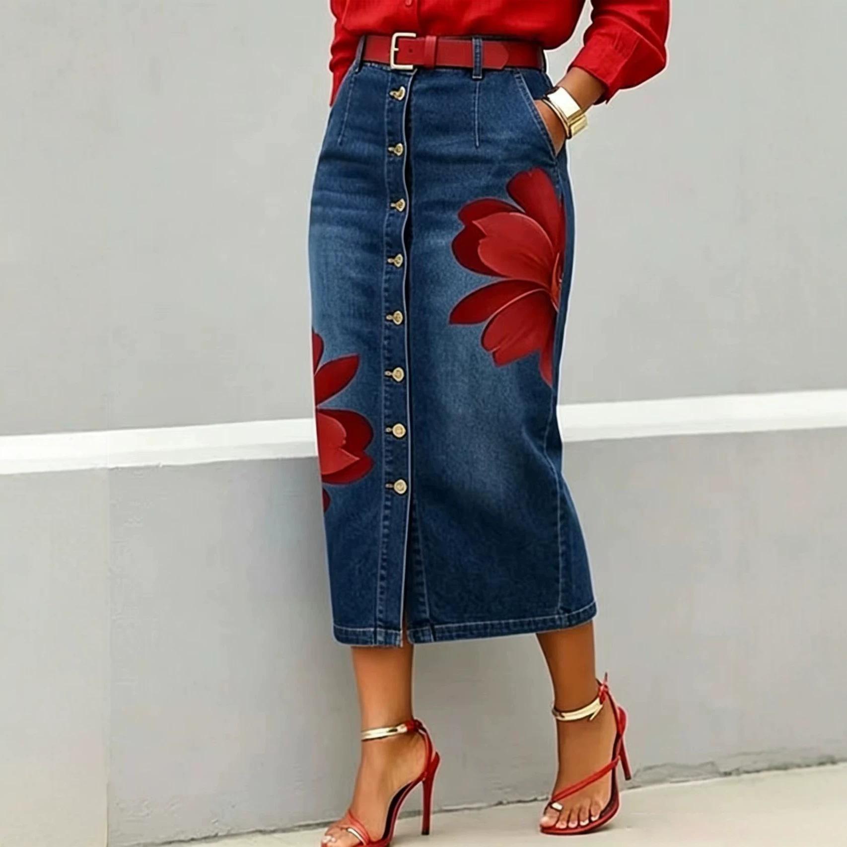 2026 European and American cross-border new product Amazon imitation denim women's printed loose denim skirt casual versatile denim skirt for women