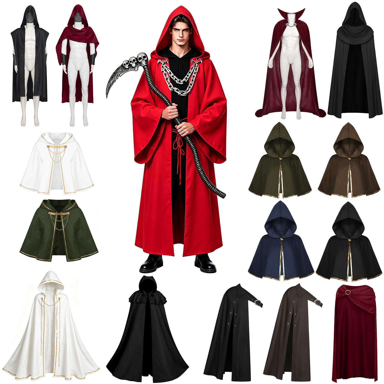 Halloween Dark Chain Hooded Robe Set, Medieval Wizard Priest Costume for Role-Playing Parties and Performances