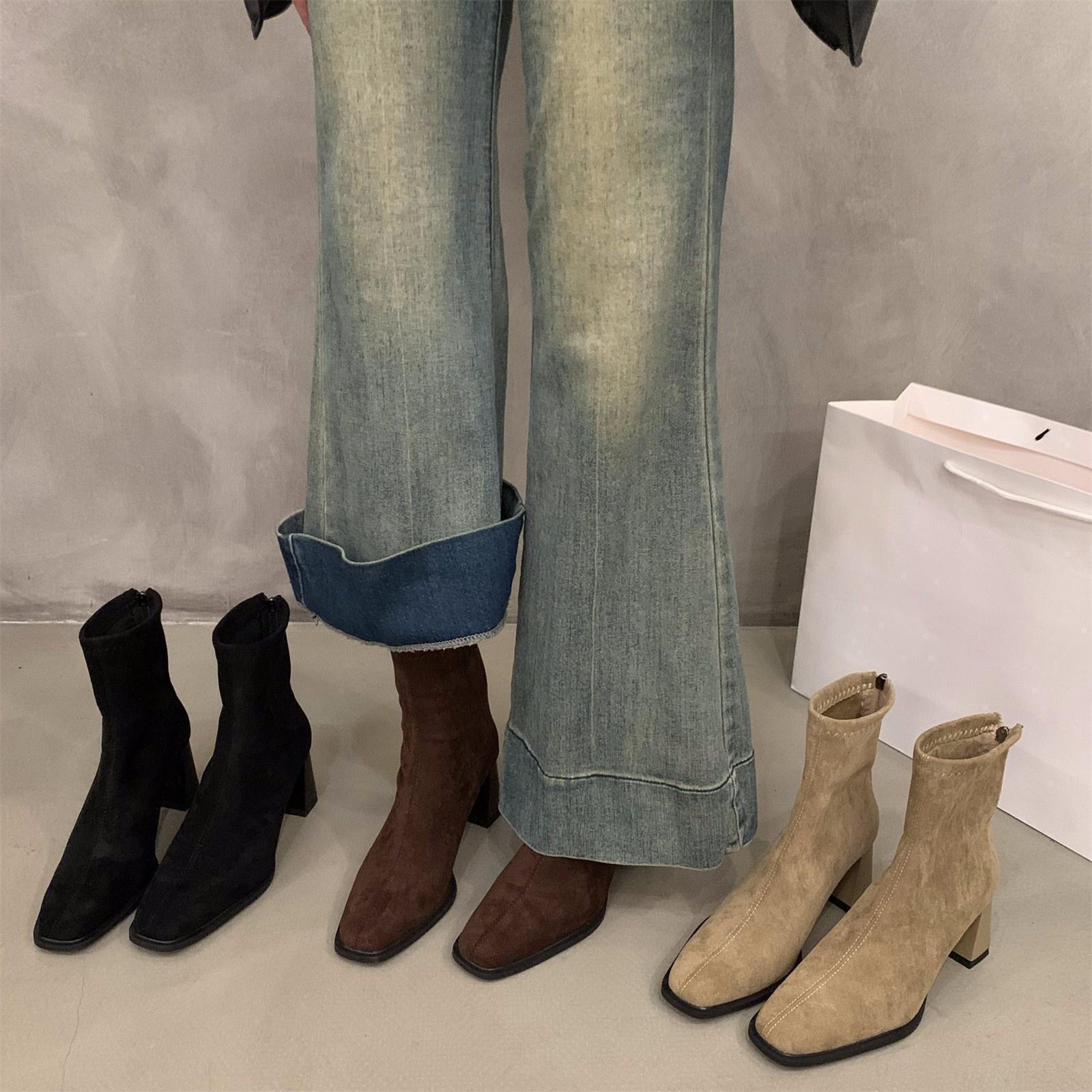 High-Heeled Korean Style Small Ankle Boots Suede Boots Women's Shoes 2025 New Autumn and Winter Fleece-Lined Square Toe Slim Short Boots