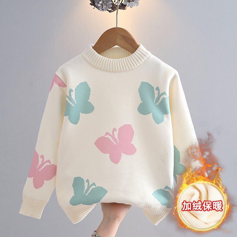 Girls' Sweater with Fleece Lining, Thickened for Autumn and Winter, New Korean Style Versatile Baby Knit Base Shirt, Children's Trendy Top