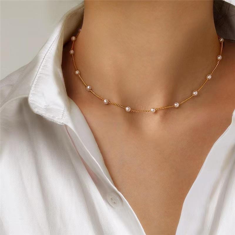 European and American style cross-border jewelry 4mm pearl necklace jewelry women's high-end simple fashion short clavicle chain accessories