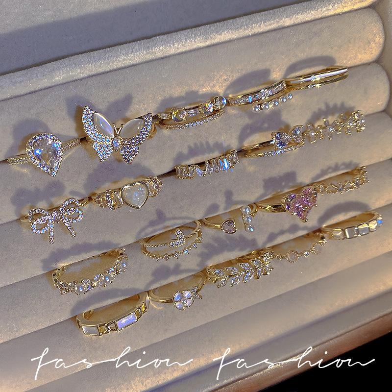 Korean light luxury high-end zircon pearl ring for women, vintage niche design, bowknot open ring jewelry