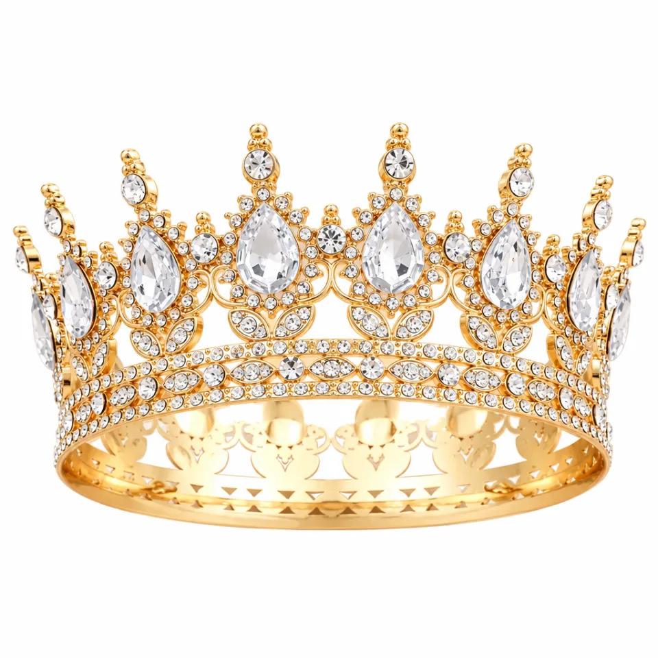 European and American cross-border bridal crown, alloy round crown with rhinestones, red Baroque wedding headpiece