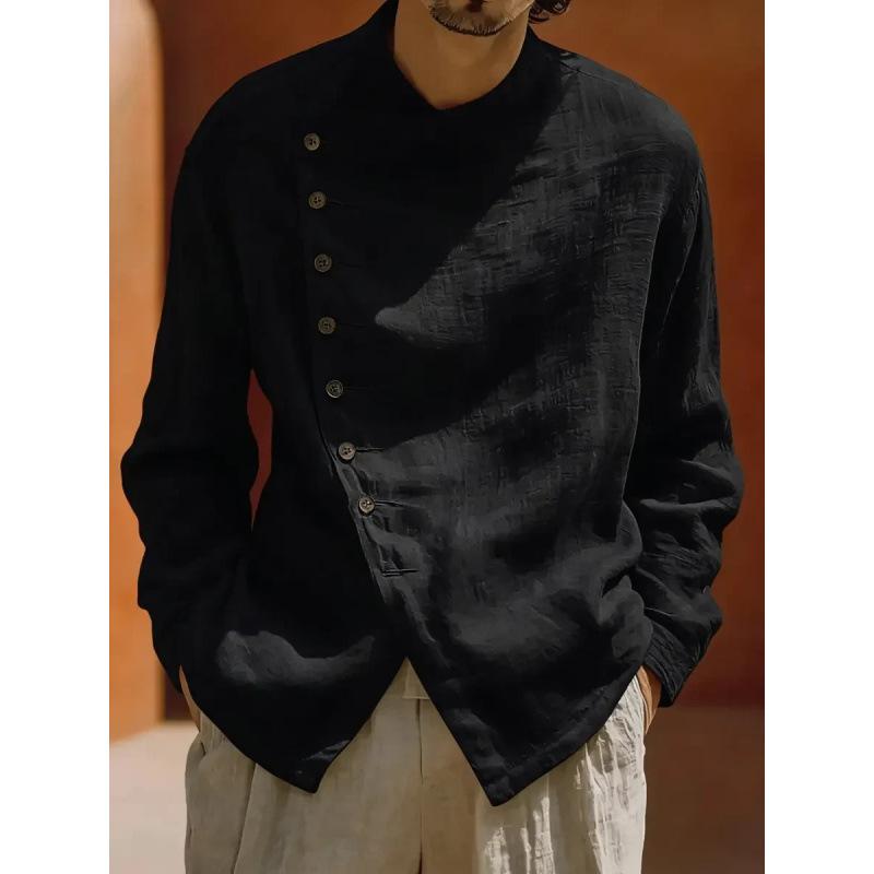 Cross-Border Amazon Men's Retro Loose Round-Neck Shirt in Ancient Mud Ramie