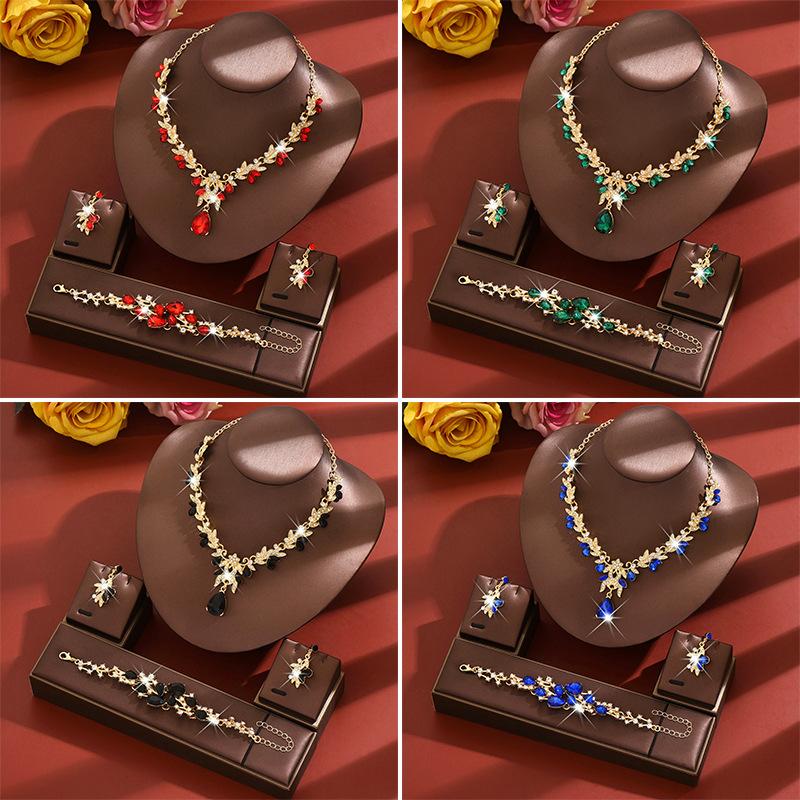 Foreign Trade Popular Luxury Environmentally Friendly Rhinestone Flower Bracelet Necklace Earrings Set Fashionable and Sweet Bridal Wedding Jewelry