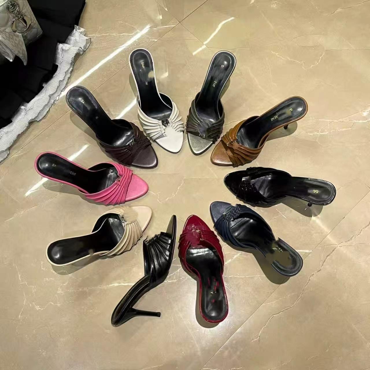 Ys High-End Export Metal Letter Buckle Stiletto Open-Toe Slippers for Women, Sexy High-Heeled Pointed Toe Stiletto Sandals for Outdoor Wear