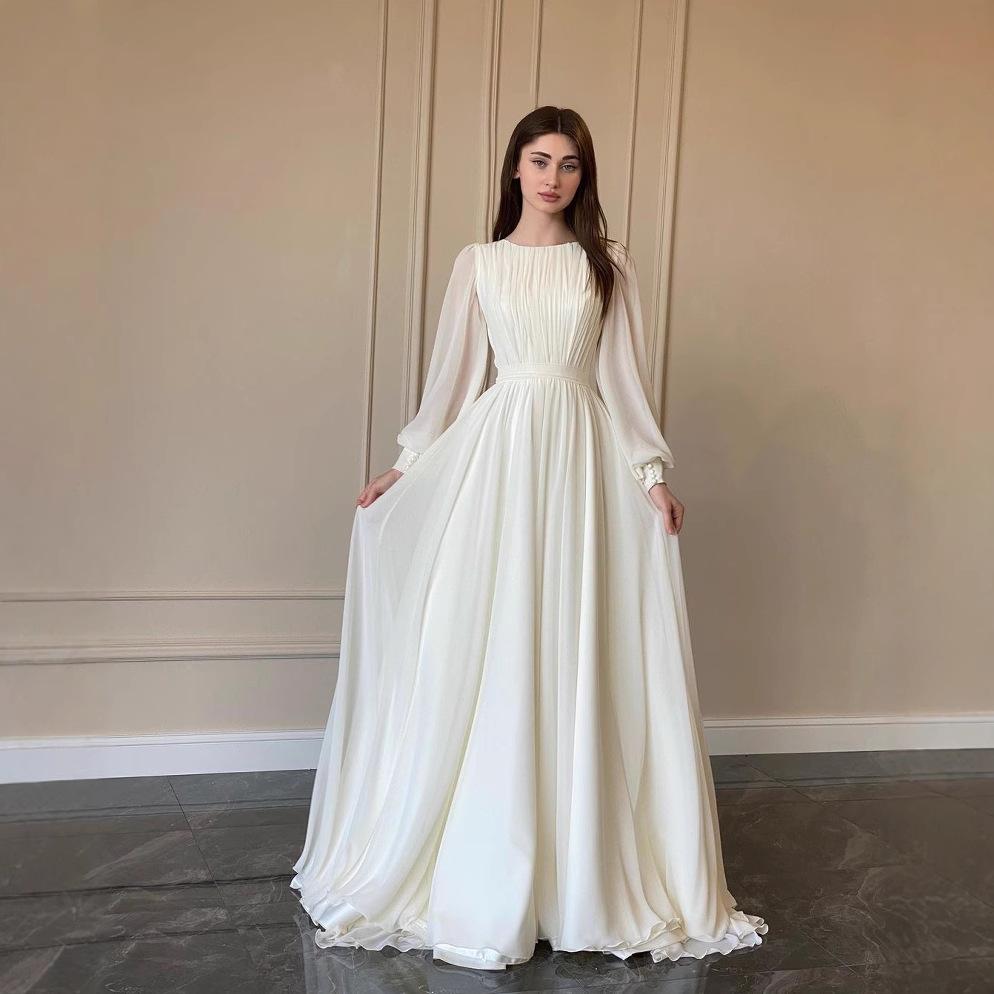 2026 European and American New Style Amazon Fashion Lantern Pearl Yarn White Wedding Dress Round Neck Elegant Dress