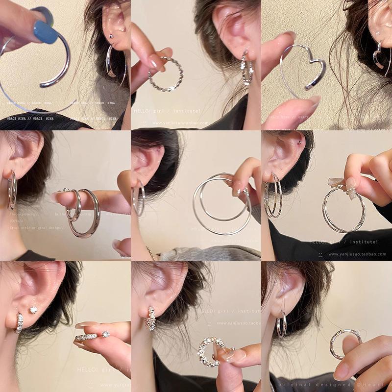 S925 silver needle European and American exaggerated plain ring earrings women's high-end light luxury Joker simple temperament earrings wholesale