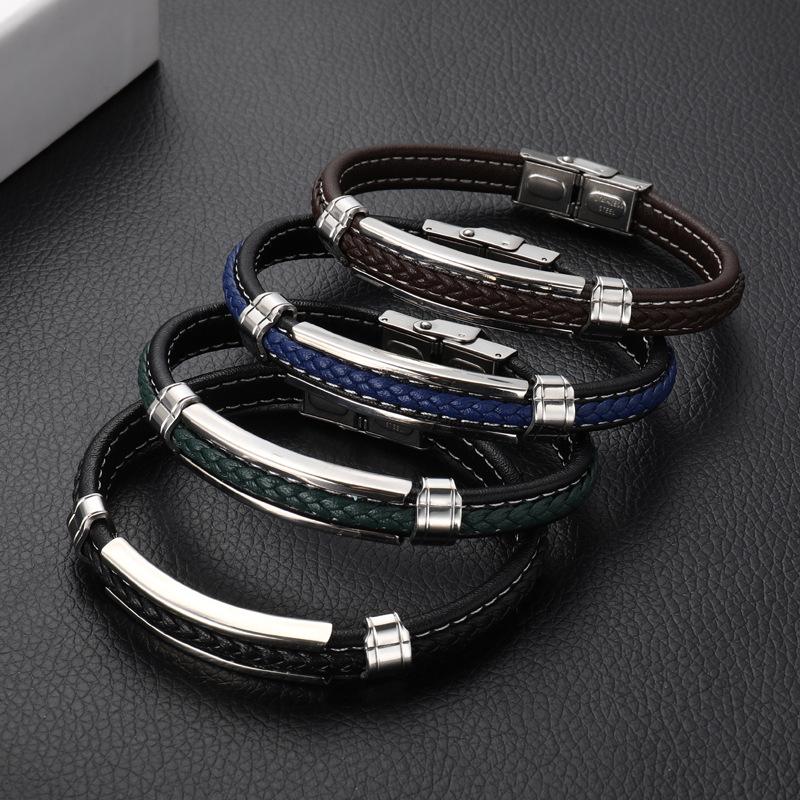 Cross-Border New Style Men's Bracelet, Imitation Leather Stainless Steel Bracelet, Trendy and Fashionable, Can Be Engraved, Direct from the Source Factory