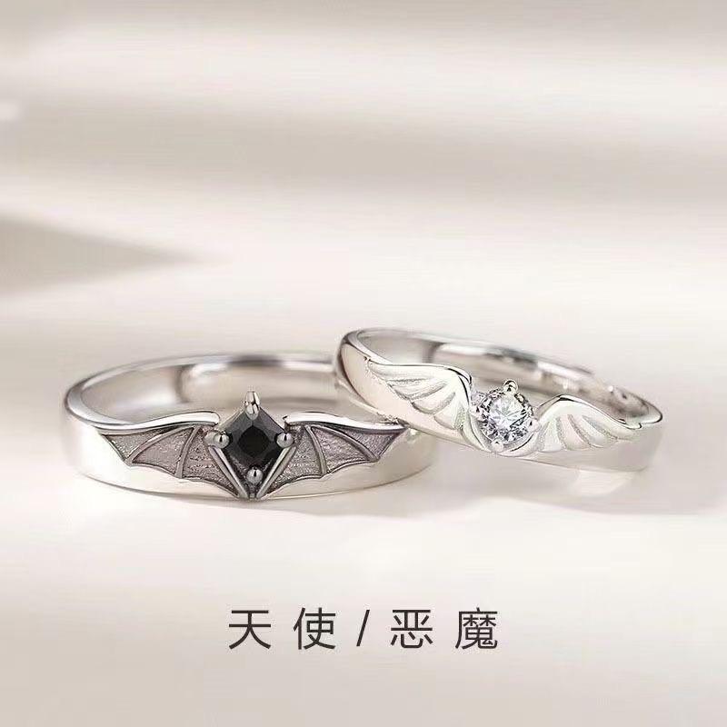 Angel and Demon Couple Rings, a Pair of Light Luxury Niche Couple Rings, Resin Couple Rings with Adjustable Open Design