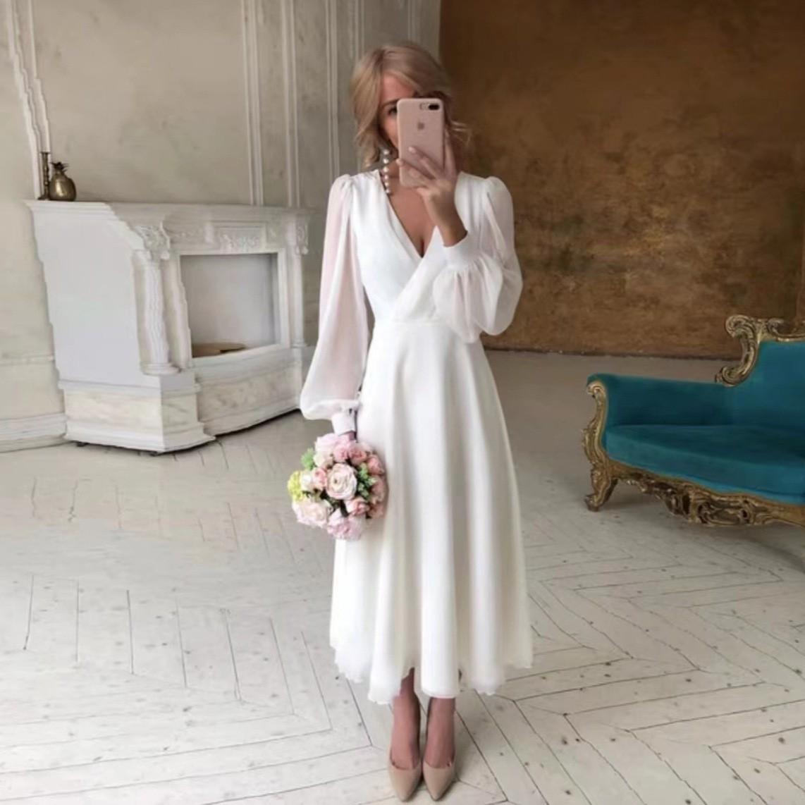 2026 Model Wedding Long-Sleeve Ultra-Fairy Simple White Evening Dress for Travel Photography, Ebay Mini Dress, Cross-Border In-Stock Wholesale