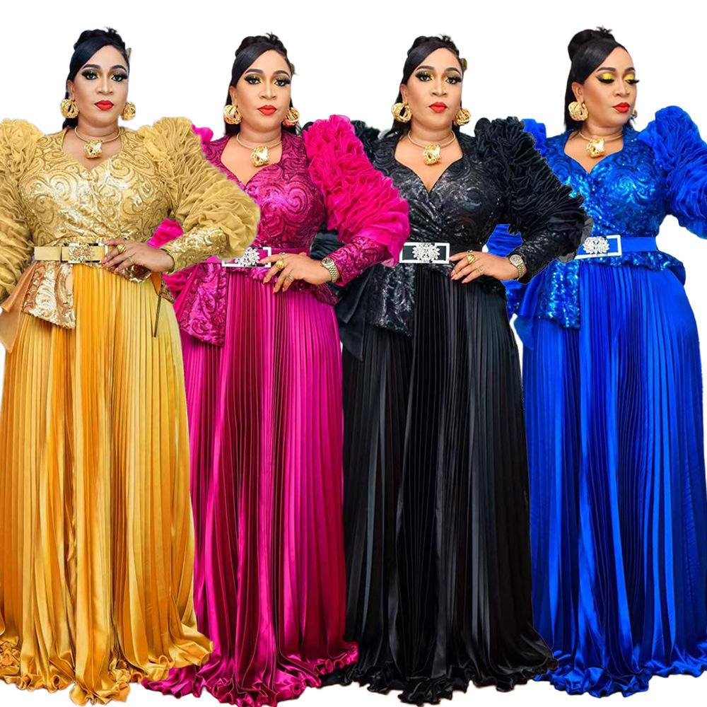 European and American Cross-Border Aliexpress Rhinestone Sequin Party Dress African New Style Women's Plus-Size High-Waisted Dress