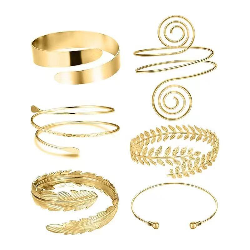 Amazon's Best-Selling Geometric Metal Arm Bracelet Six-Piece Set with Open Design, Personalized Exaggerated Leaf Bracelet Set, Direct Sales from the Manufacturer