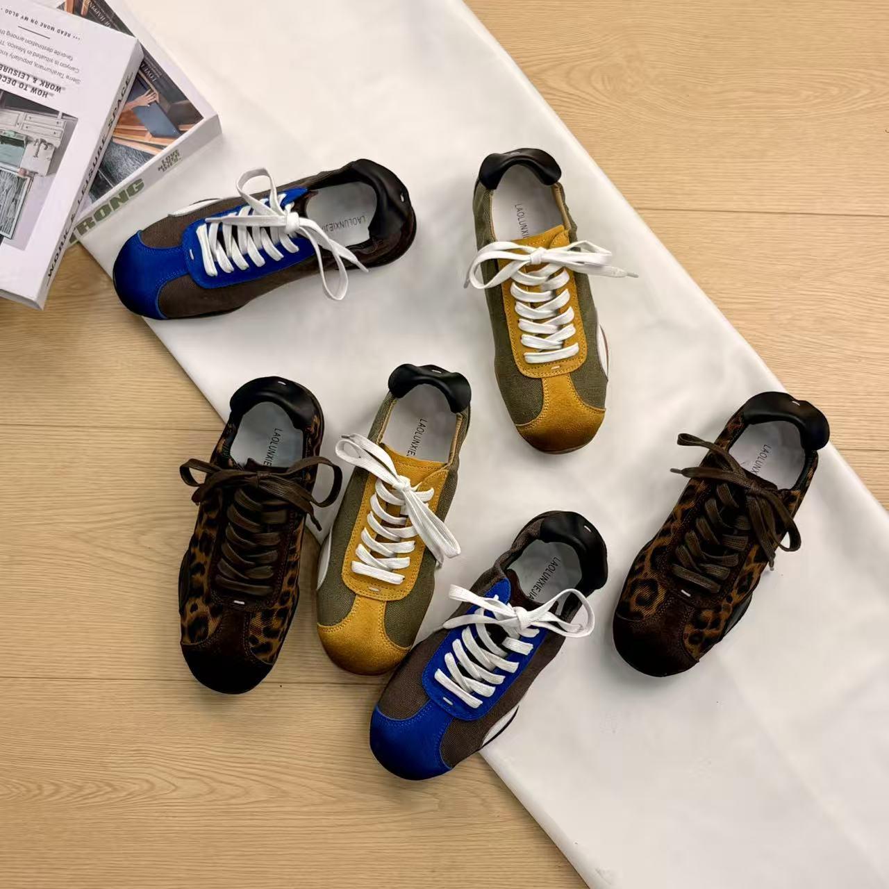 Vintage-style distressed German training shoes for women, leopard print lace-up casual sneakers, lightweight women's shoes that make feet look smaller, in stock for direct shipping
