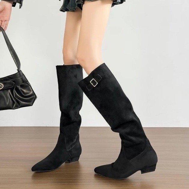 5cm Height-Increasing Long Boots for Women, Retro Slouchy Boots, French-Style Chunky Heel, Suede Khaki Long Boots, Ballet Slouchy Boots