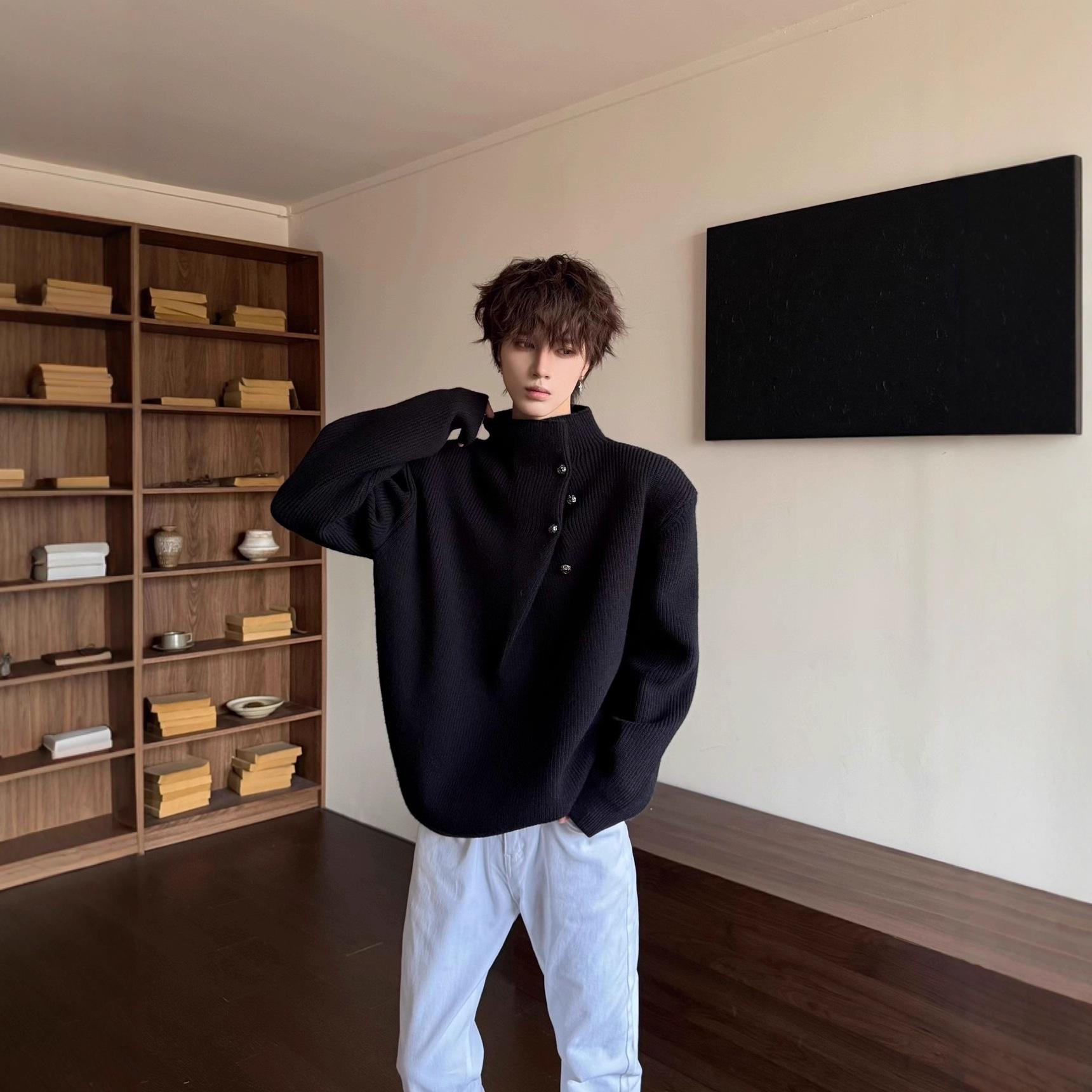 Irregular Button Design Half Turtleneck Knitwear Men's Autumn and Winter Handsome Knitwear 2025 New Inner Layering Shirt
