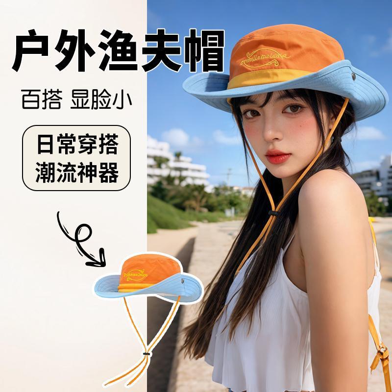 Summer New Outdoor Quick-Dry Hiking Hat for Women, Drawstring Sun Protection Bucket Hat, Denim Hat, Face-Slimming Embroidered Bucket Hat