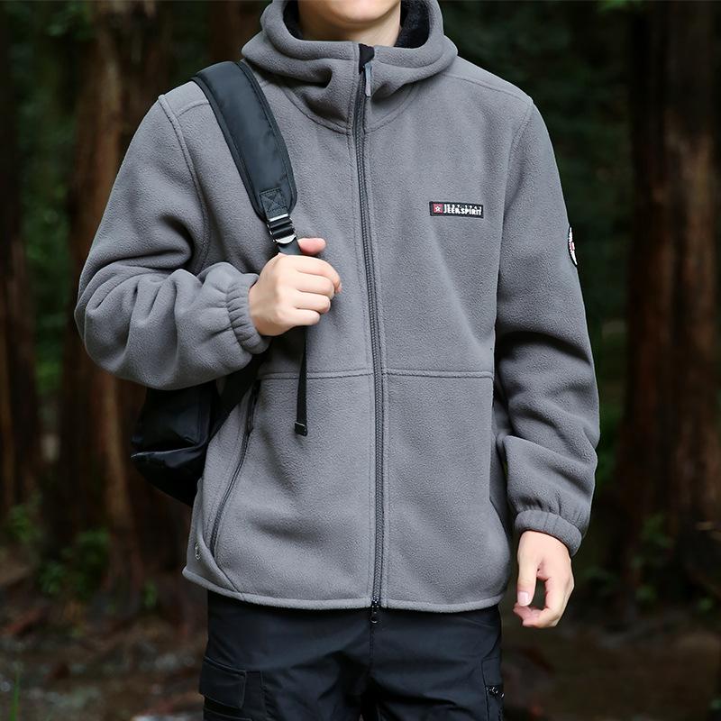 Autumn and Winter Hot-Selling Men's Fleece Solid Color Hooded Jacket Korean Style Casual Fashion Cardigan Long-Sleeved Fleece Jacket