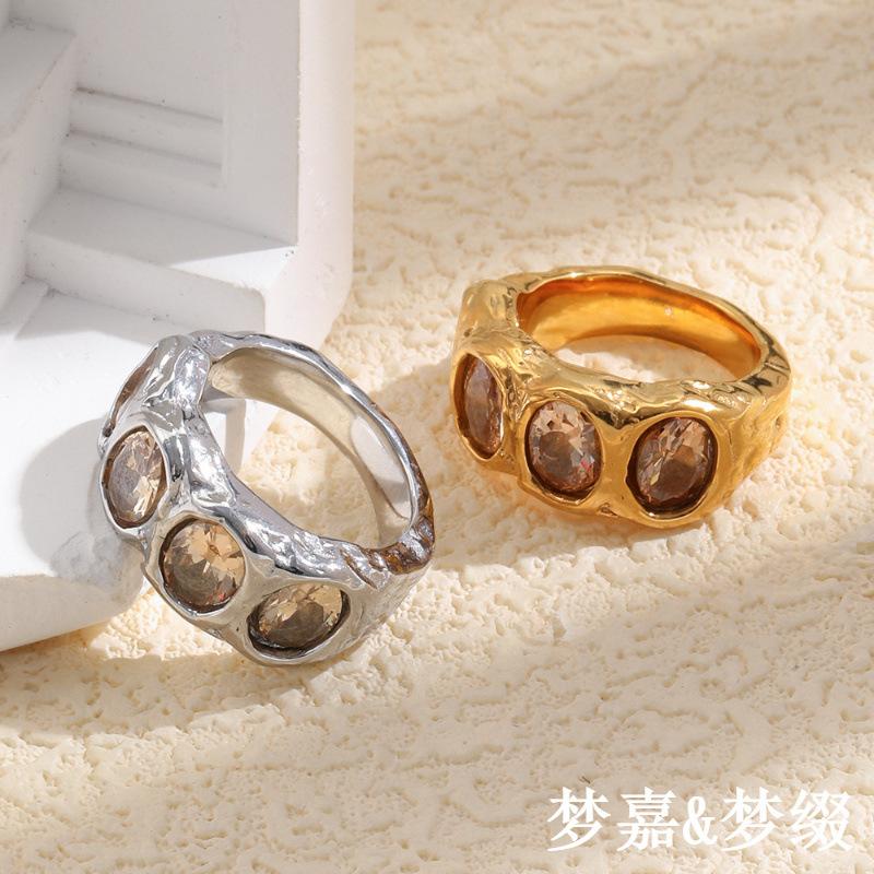 European and American Ins Fashion Geometric Retro Niche Luxury Jewelry Stainless Steel 18K Gold-Plated Irregular Round Zircon Ring for Women