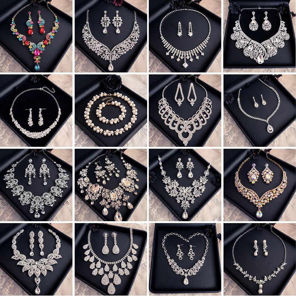 Amazon Best-Selling Vintage Alloy Rhinestone Necklace and Earring Set for Brides, Birthday Party Necklace and Earrings