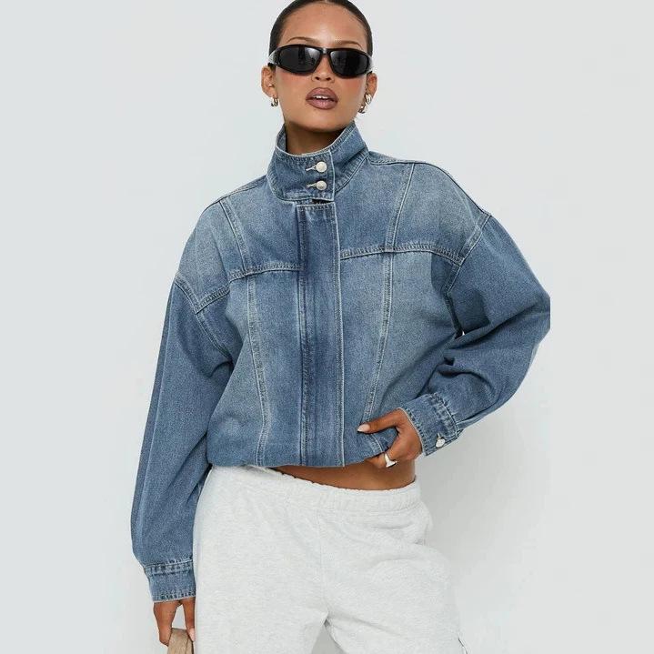 2026 European and American Cross-Border American Retro Stand-Collar Jacket Loose Washed Denim Women's Long-Sleeve Coat 6256