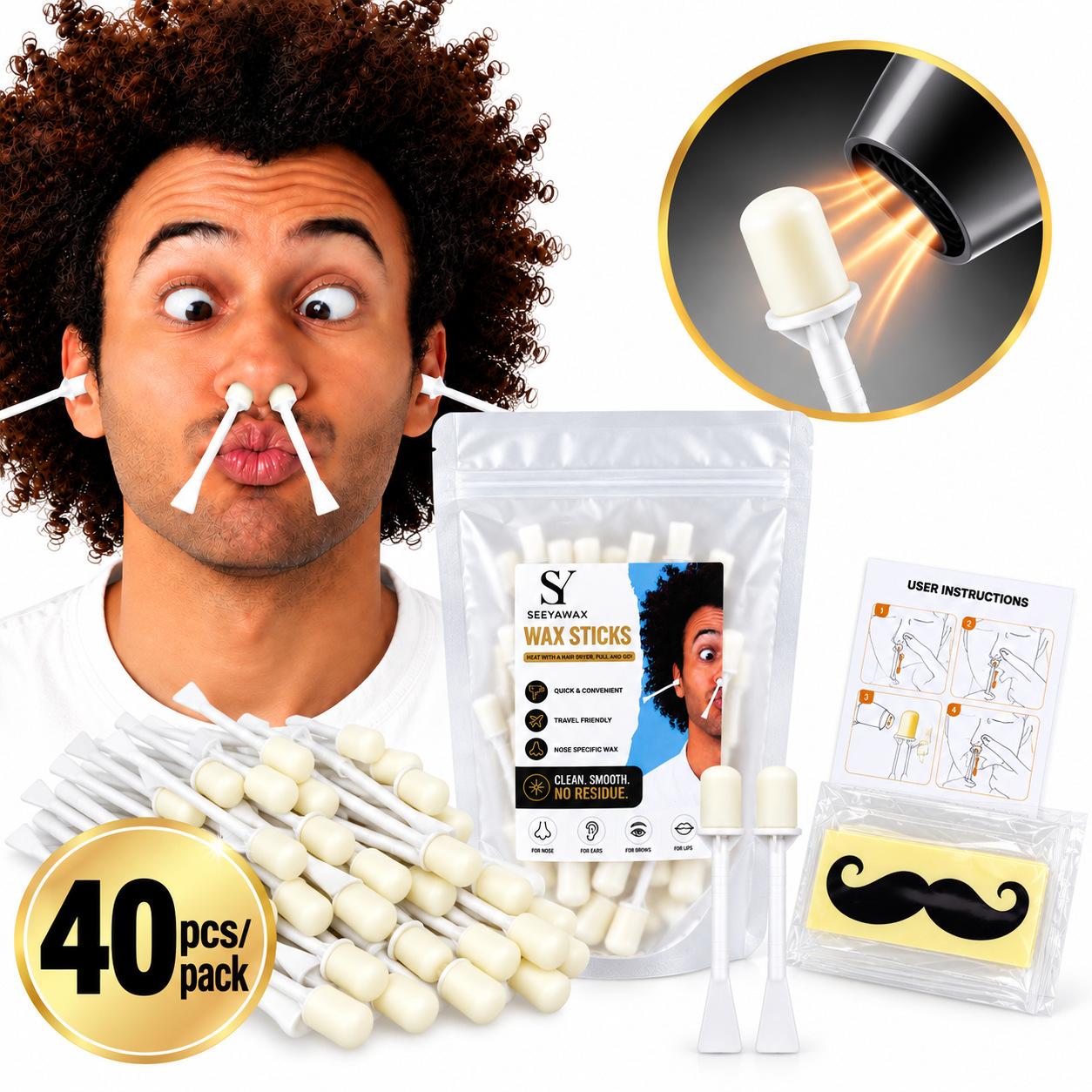 Cross-border nose hair removal wax stick set, including beard wax strips for home use, with 40 wax sticks per pack