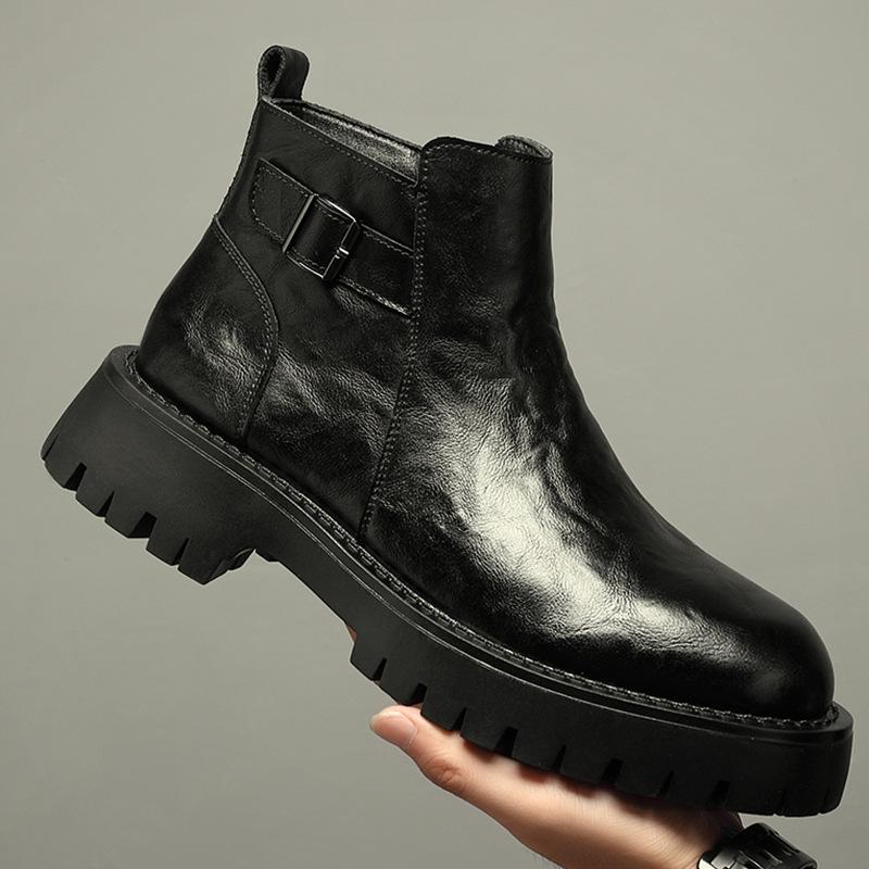 Chelsea Boots Men's Autumn Sleeve Leather Boots Heightened British Style High-top Casual Leather Shoes Short Barrel Martin Boots