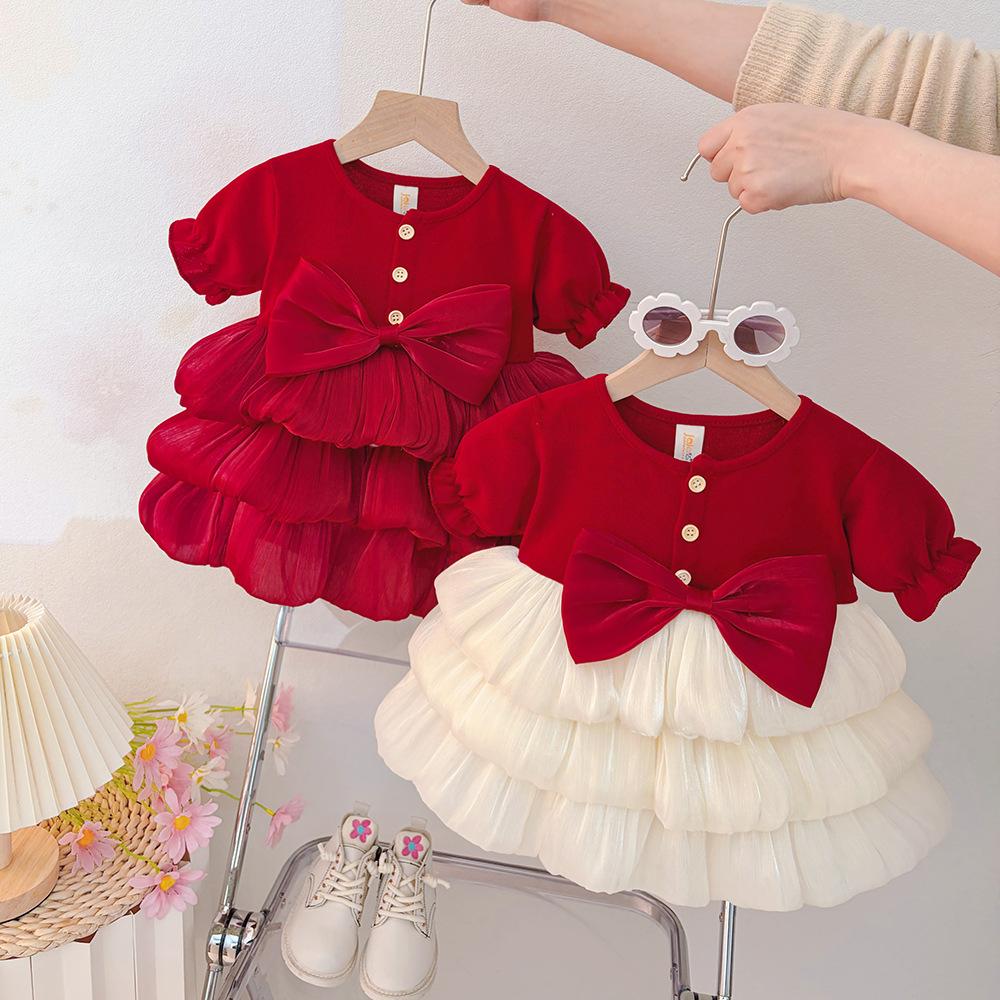 New Style Children's Dress with Big Bow, Sweet Baby Clothes, Girls' Short-Sleeved Summer Dress, Fashionable Princess Dress