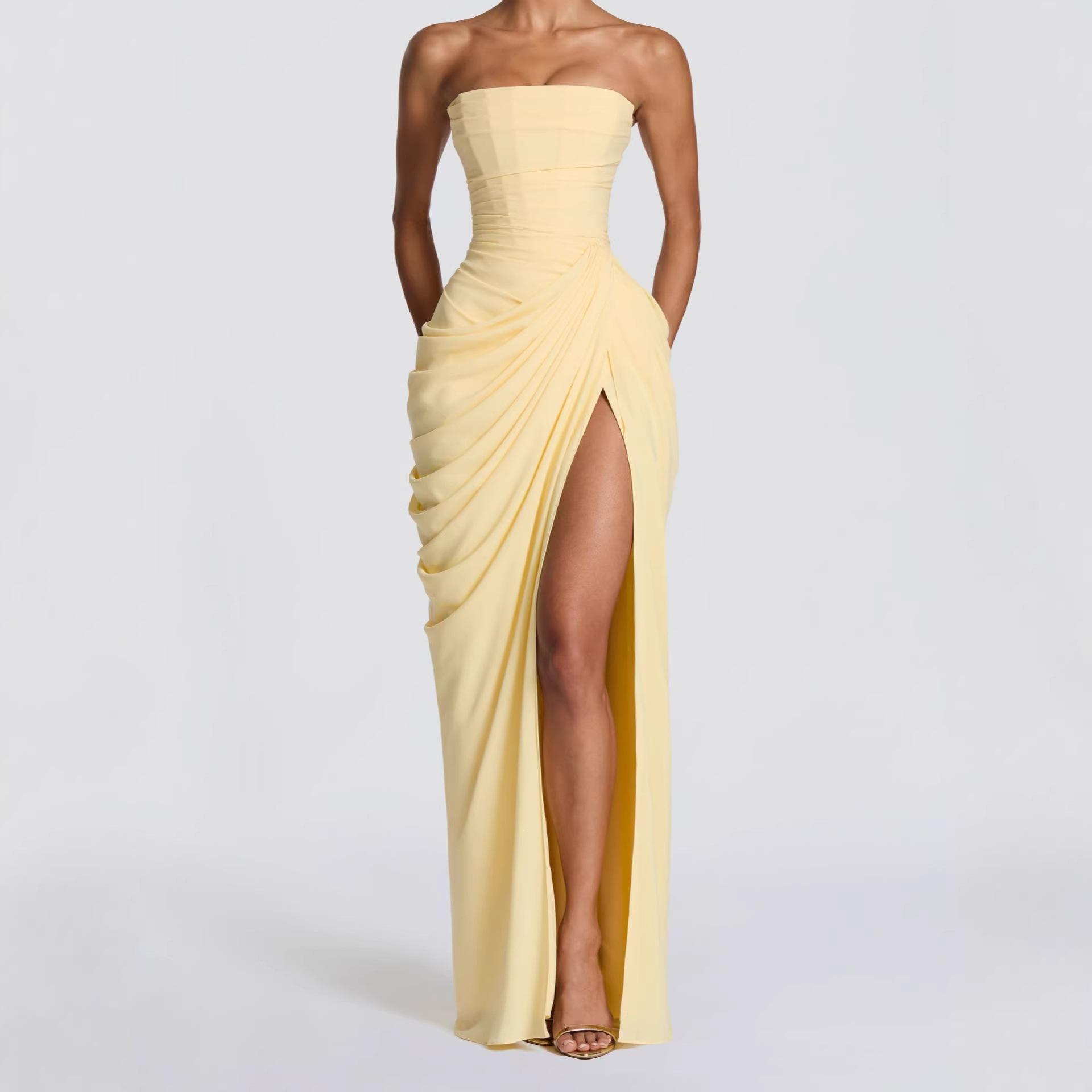 2026 Amazon In-Stock New Women's Fashion One-Shoulder Strapless Solid Color Slit Stylish Sexy Backless Evening Dress