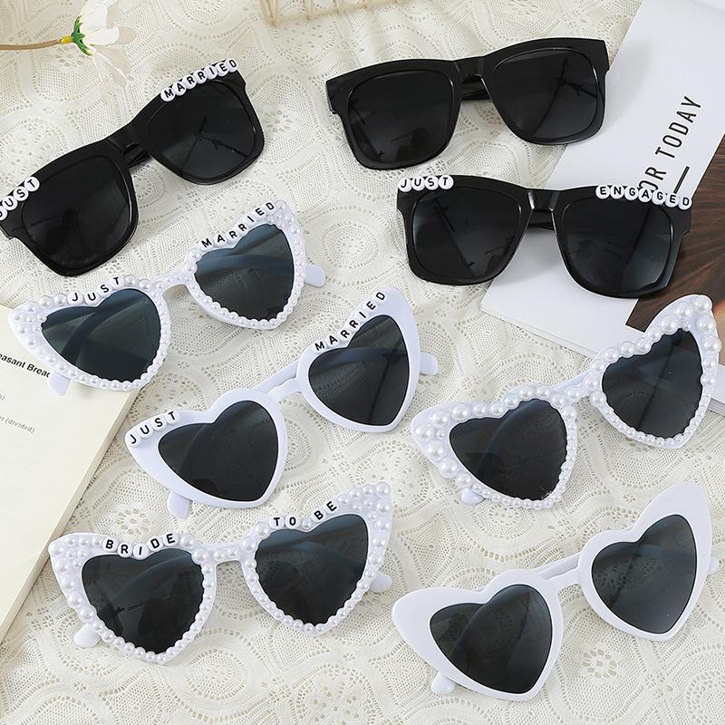 Cross-border bridal and groom wedding party sunglasses, just married pearl sunglasses, heart-shaped letter sunglasses
