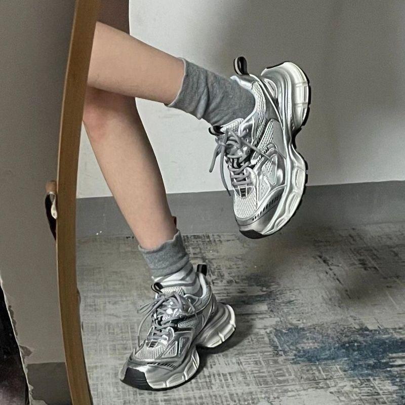 Zhao Lusi's Same-style Torre Shoes Fashion 2024 Autumn Silver Grey Joker sneaker Thick Sole Dirty Resistant Women's Shoes